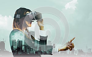 Double exposure-Future VR headsets,women business in suits using fingers experience best technology modern innovations,cityscape