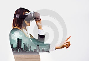 Double exposure-Future VR headsets,women business in suits using fingers experience best technology modern innovations,isolated
