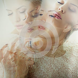 Double exposure of girl with perfume, young beautiful woman holding bottle of perfume and smelling aroma, toned soft beige and