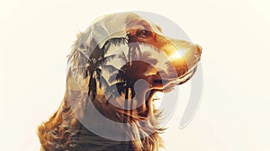 Double exposure of golden retriever and palm trees on white background. Generative AI