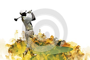 Double exposure of golf sport on white background.