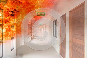 double exposure green emergency exit sign in hospital showing the way to escape with fire