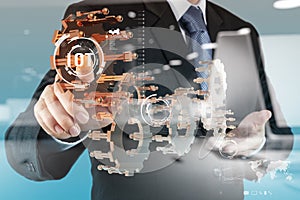 Double exposure of hand showing Internet of things (IoT) photo