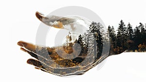 Double exposure of hands and nature background. Concept of ecology. Generated AI