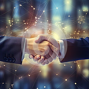 Double Exposure of Handshake with Business Algorithm and Graph Background