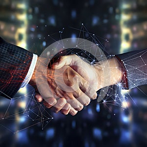 Double Exposure of Handshake with Business Algorithm and Graph Background