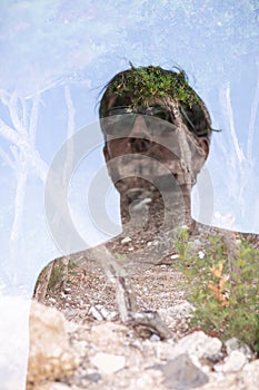 Double exposure handsome man and nature background