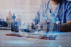 Double exposure of healthcare And Medicine concept. Doctor working with modern virtual screen interface