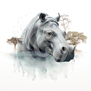 Double exposure of hippo river isolated on white