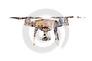 Double exposure. Hovering drone and big old warehouse. Isolated.