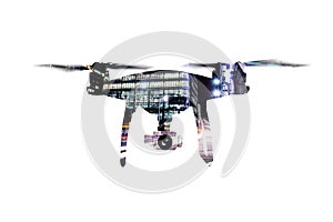 Double exposure. Hovering drone and city at night. Isolated.