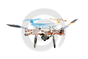 Double exposure. Hovering drone and roofs of buildings in the ci