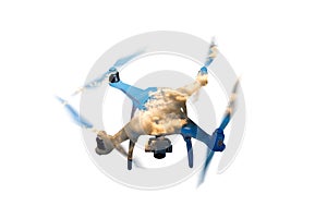 Double exposure. Hovering drone and sky with clouds. Isolated.