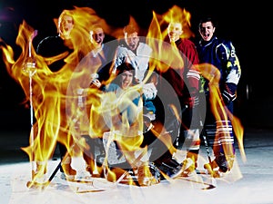 Double exposure of ice hockey players team meeting with trainer