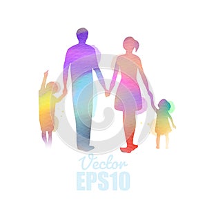 Double exposure illustration. Happy family with they kids silhouette plus abstract water color painted. Happy father`s day. Digita