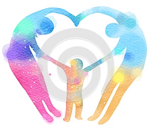 Double exposure illustration. Happy family making the heart sign