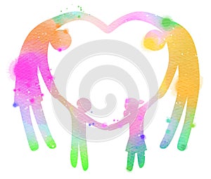 Double exposure illustration. Happy family making the heart sign