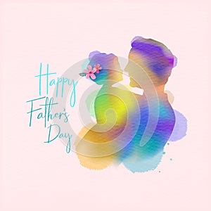 Double exposure illustration. Happy father with his kids silhouette plus abstract water color painted. Happy father`s day. Digital