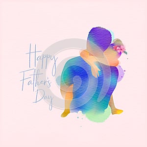 Double exposure illustration. Happy father with his kids silhouette plus abstract water color painted. Happy father`s day. Digital