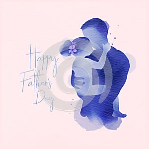 Double exposure illustration. Happy father with his kids silhouette plus abstract water color painted. Happy father`s day. Digital