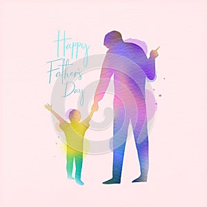 Double exposure illustration. Happy father with his kids silhouette plus abstract water color painted. Happy father`s day. Digital