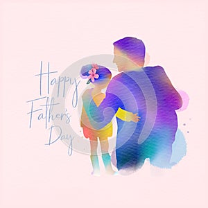 Double exposure illustration. Happy father with his kids silhouette plus abstract water color painted. Happy father`s day. Digital