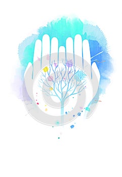 Double exposure illustration. Human hands holding tree symbol wi