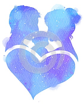 Double exposure illustration. Side view of Father and mother kissing their child baby with heart symbol silhouette plus abstract