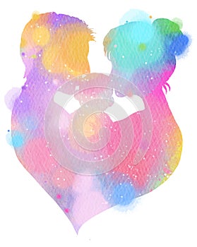 Double exposure illustration. Side view of Father and mother kissing their child baby with heart symbol silhouette plus abstract