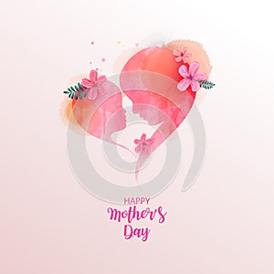 Double exposure illustration. Side view of Happy mom with daughter silhouette plus abstract water color painted. Mother`s day.