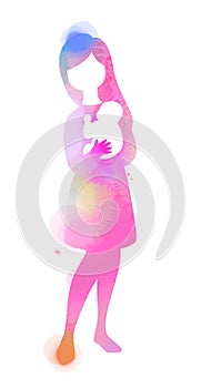 Double exposure illustration. Side view of Happy mom holding ado