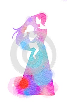 Double exposure illustration. Side view of Happy mom holding ado