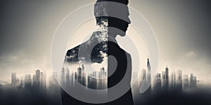 Double exposure image of business man standing back view with cityscape