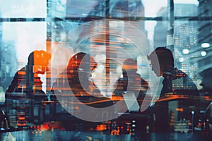 Double exposure image of a business team working together in a financial district