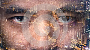 The double exposure image of the businessman`s eye overlay with cityscape image. The concept of modern life, futuristic, technolog