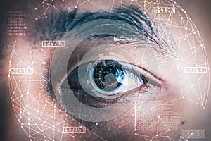 The double exposure image of the businessman`s eye overlay with futuristic hologram.