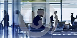 Double exposure image of businessman typing laptop, and fast moving business people at office