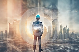 Double exposure image of construction worker holding safety helmet AI generated