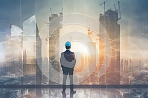 Double exposure image of construction worker holding safety helmet AI generated