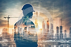 Double exposure image of construction worker holding safety helmet AI generated