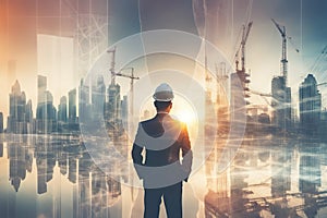 Double exposure image of construction worker holding safety helmet AI generated