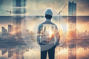 Double exposure image of construction worker holding safety helmet and construction AI generated
