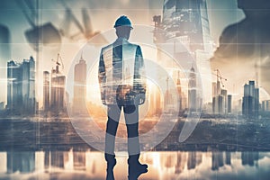 Double exposure image of construction worker holding safety helmet and construction AI generated