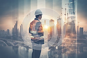 Double exposure image of construction worker holding safety helmet and construction AI generated