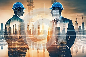 Double exposure image of construction worker holding safety helmet and construction AI generated