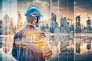 Double exposure image of construction worker holding safety helmet and construction the background AI generated