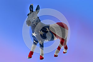Double exposure image of the Democrat donkey and the american flag. In the USA politics  the donkey is the symbol of the democrats