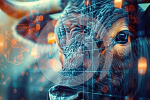 Double exposure image of digital financial background and a bull as symbol of stock market