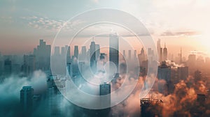 double exposure image showing a city skyline blended with smoggy air can highlight both the cause (air