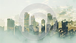 double exposure image showing a city skyline blended with smoggy air can highlight both the cause (air photo